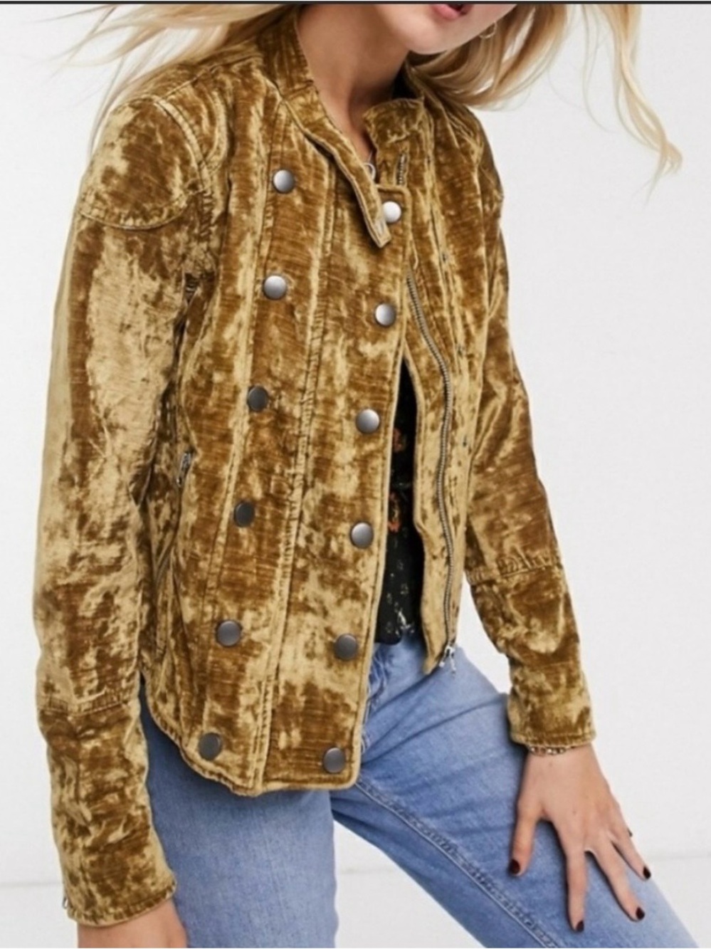 Free People Crushed Velvet Military-Style Blazer in Mustard